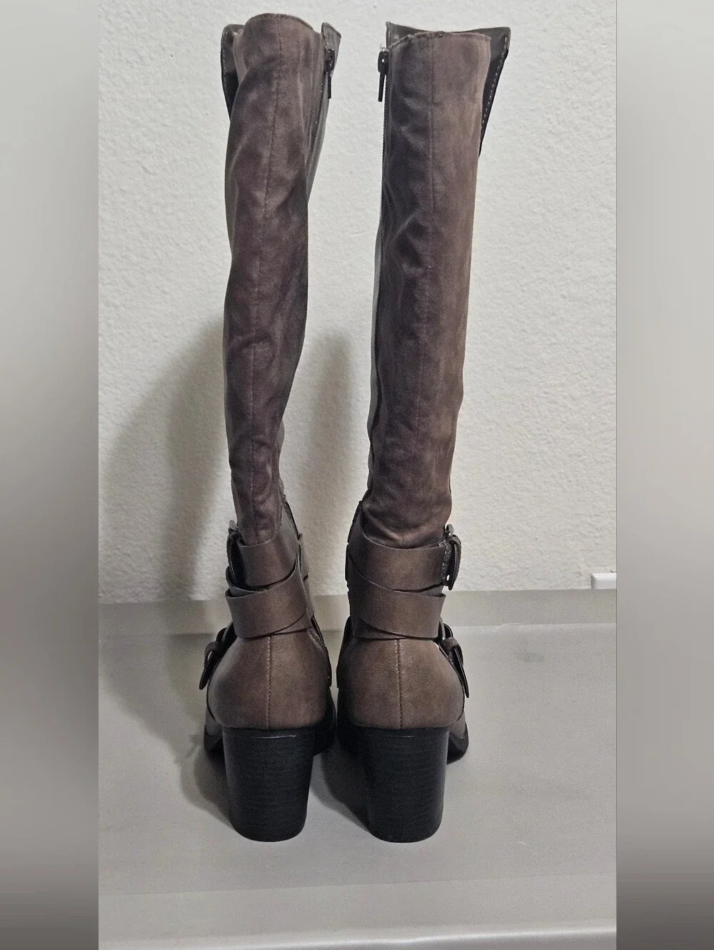 Women's Tall Buckle Strap Boots in Taupe